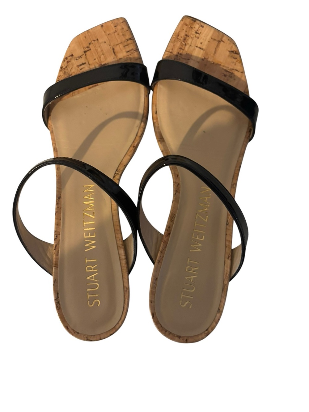 Stuart Weitzman Black Patent Double-Strap Cork Wedge Sandals Women’s Size 8 - Picture 4 of 8